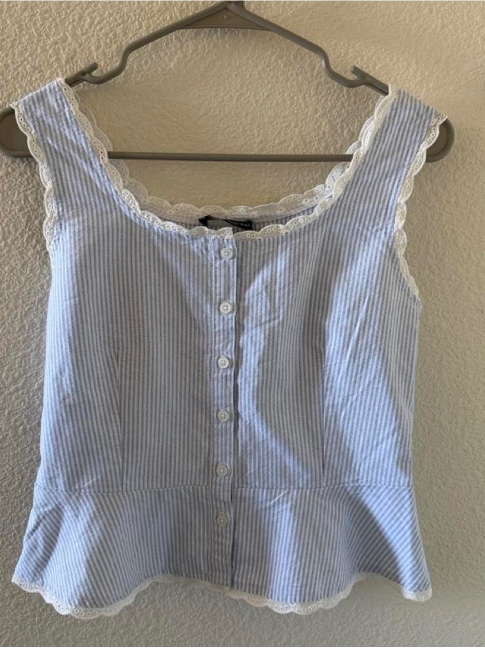Brandy Melville Light Blue Stripe Lace-Trim Sleeveless Button Front Top